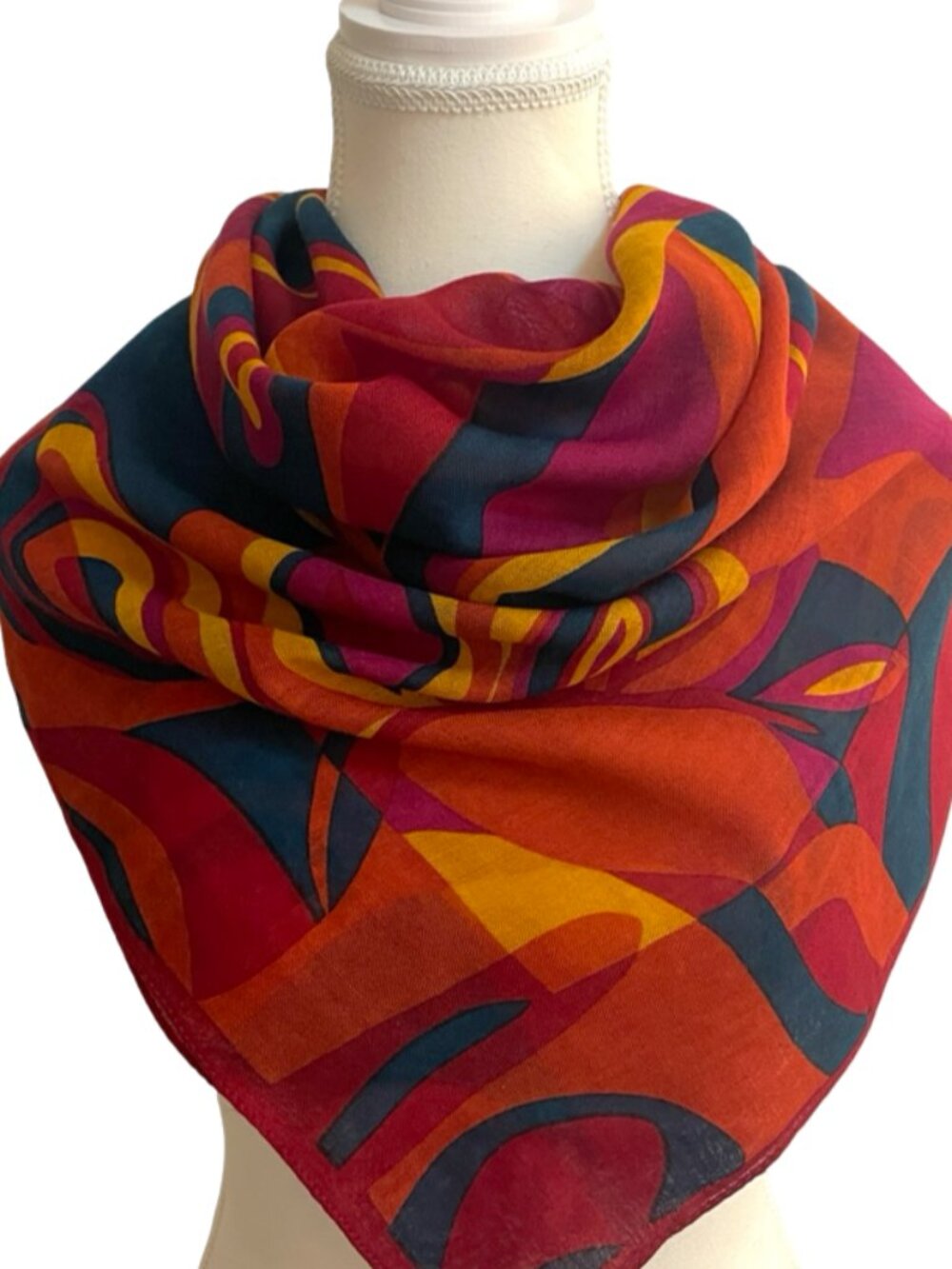 Vintage Acute 100% Wool Scarf Made in Japan Abstract Mod Print Hand Rolled Squar